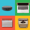 Viergeteilte bunte Collage zeigt Alexa, Laptop, Radio und Schreibmaschine