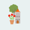 Eine animierte bunte Zeichnung einer Blume und einem Turm
