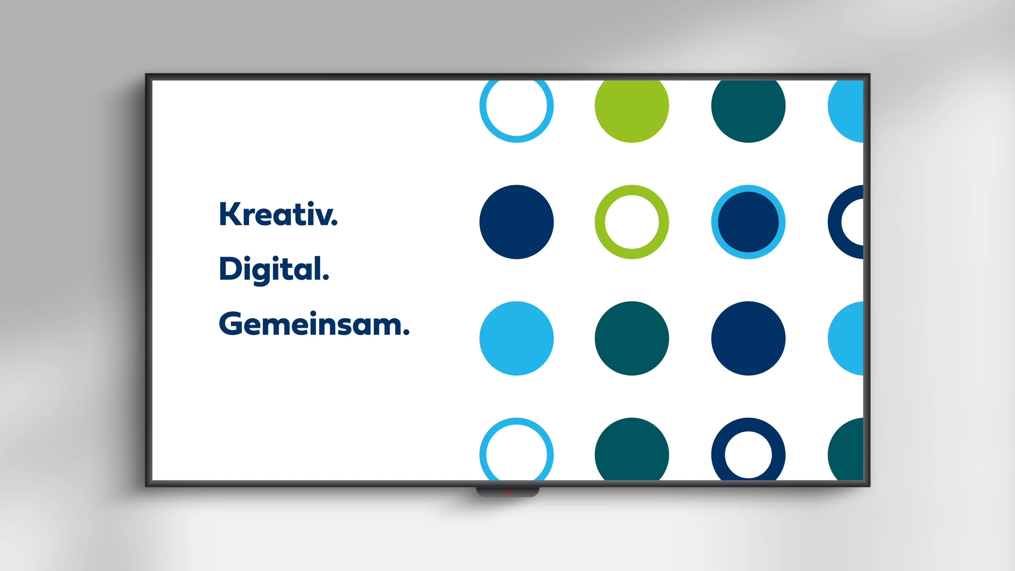 Eine schlichte SchönWerk Werbetafel mit den Worten Kreativ, digital und Gemeinsam.