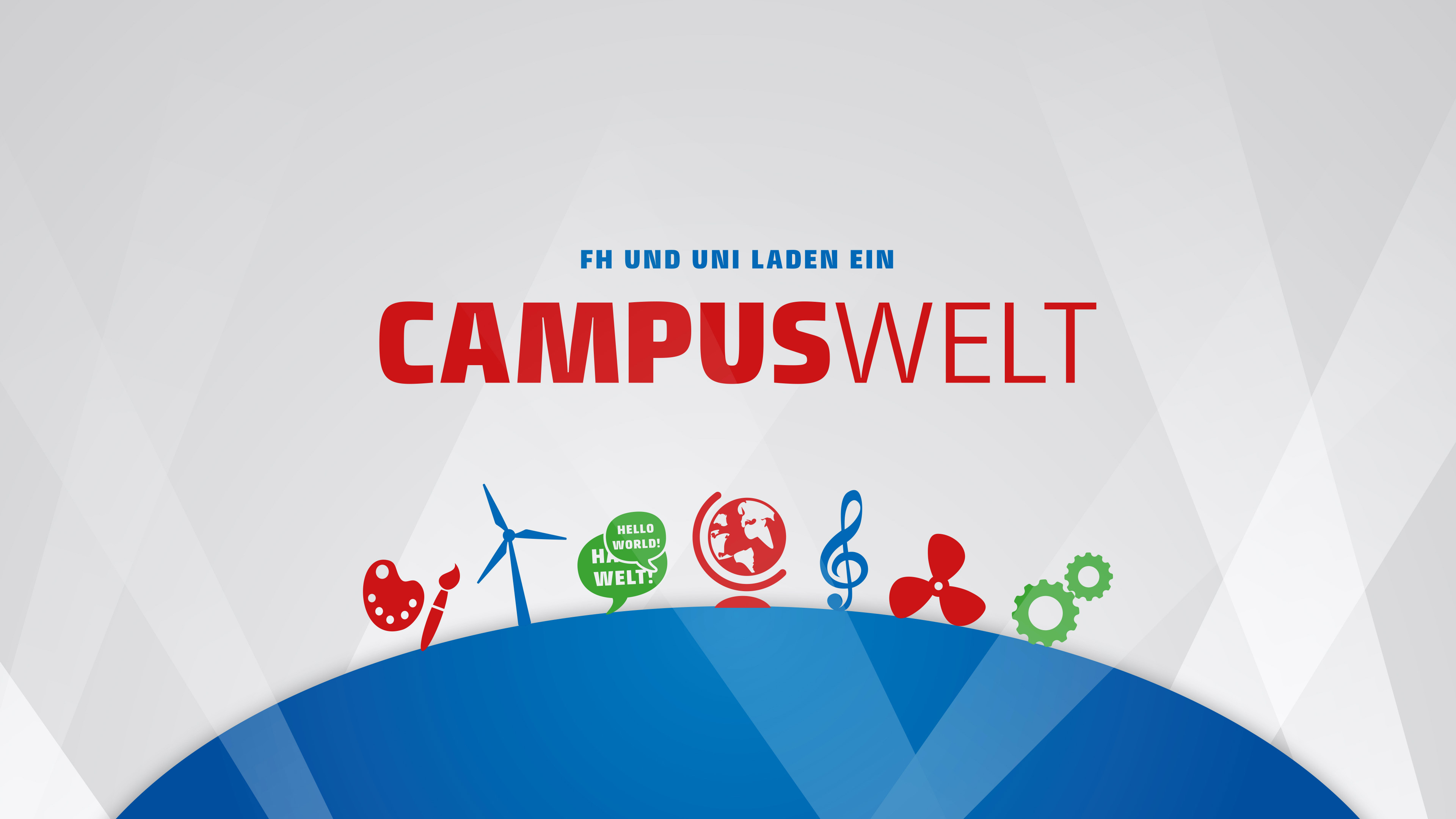 Text "FH und Campus laden ein: Campuswelt" mit blauer Grafik und Grafiken: Windrad, Zahnrad, Musiknote, Turbine, Globus, Pinsel in rot, blau und grün