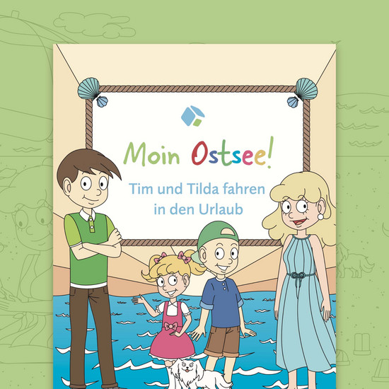 Illustration einer Familie mit Text "Moin Ostsee! Tim und Tilda fahren in den Urlaub!"