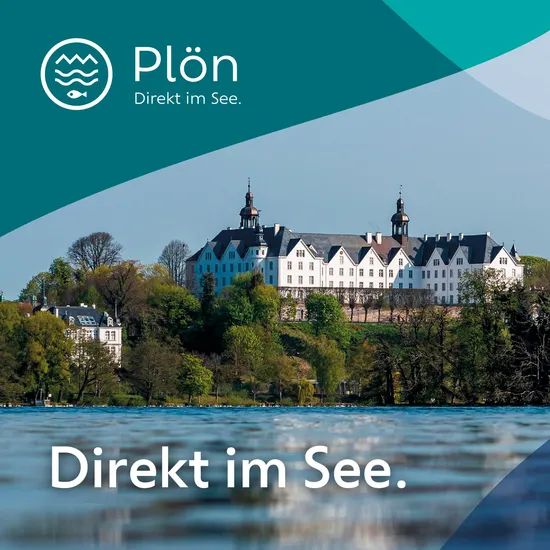 Corporate Design für die Stadt Plön Foto vom Plöner Schloss aus Richtung Plöner See fotografiert. Oben links in der Ecke ist das neue Stadt Plön Logo abgebildet. Ein Kreis mit von oben nach unten einer gezackten Linie, zwei gewellten Linien und einem Fisch. Daneben der Schriftzug "Plön - Direkt im See." Im unteren Bereich des Fotos steht auch nochmal "Direkt im See."