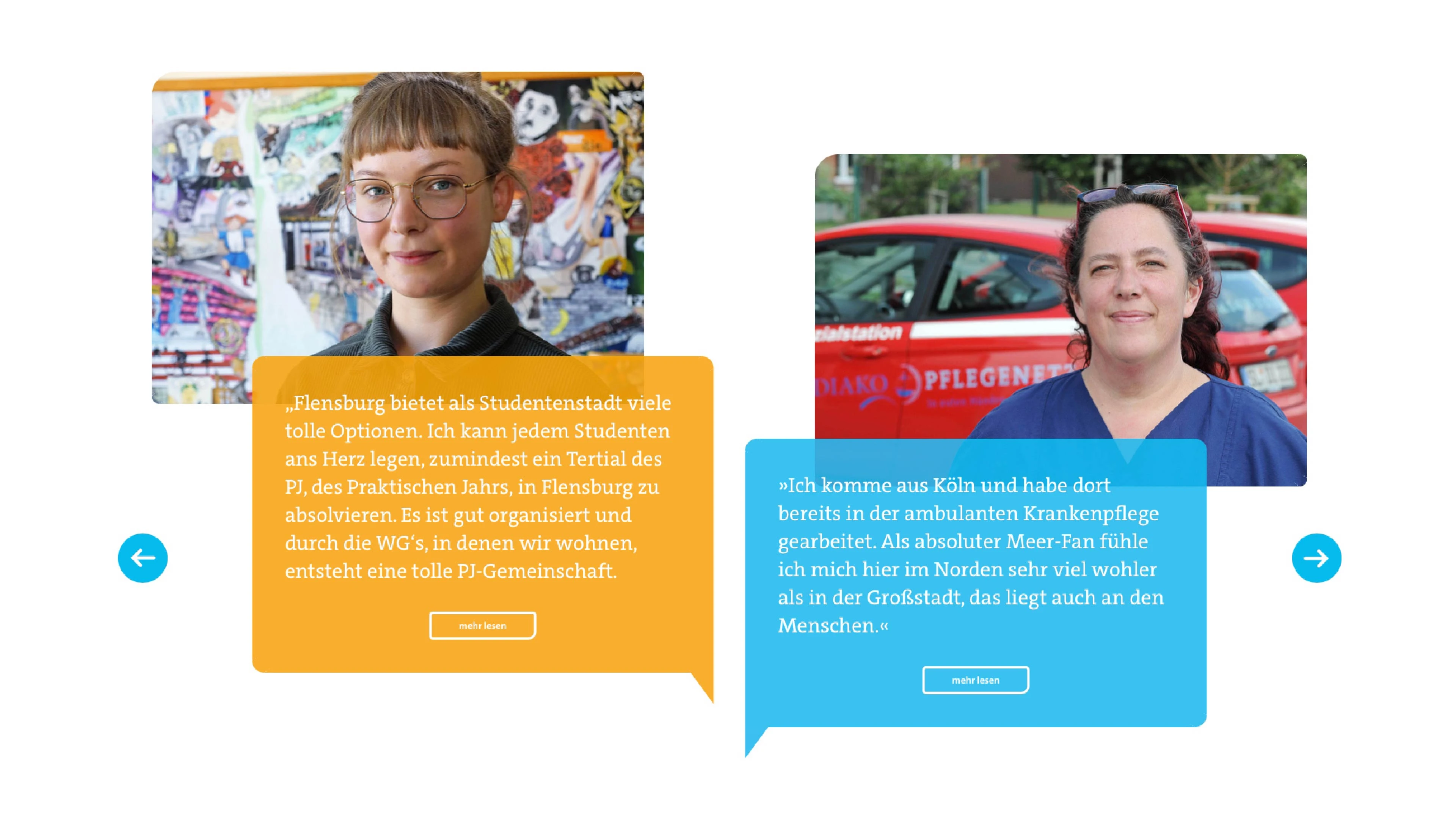 Zwei Fotos und zwei Sprechblasen zweier Diako-Mitarbeiter, eine davon lautet: "Flensburg bietet als Studentenstadt viele tolle Optionen. Ich kann jedem Studenten ans Herz legen, zumindest ein Tertial des PJ, des Praktischen Jahrs, in Flensburg zu absolvieren. Es ist gut organisiert und durch die WG´s, in denen wir wohnen, entsteht eine tolle PJ-Gemeinschaft."