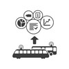 Zwei illustrierte graue Busse mit fünf Icons