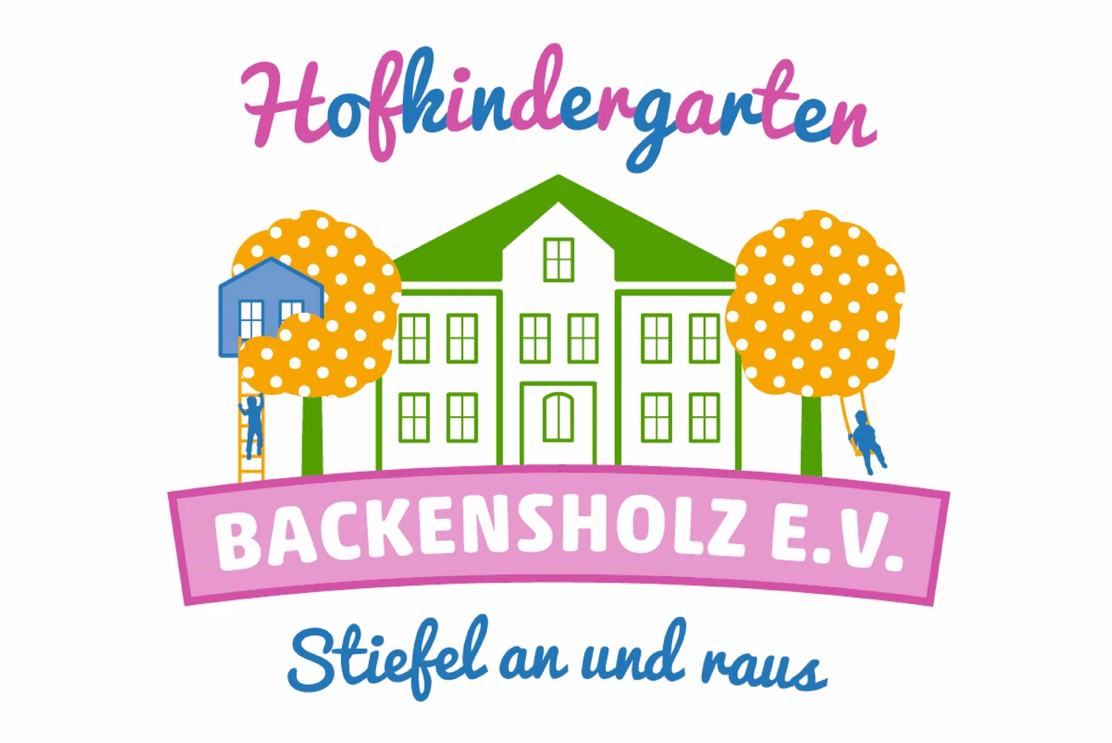 hochzwei_roba_teaser_gross_06.jpg Bundtes Logo des Hofkindergartens Backensholz mit einem grünen Haus und gelben Bäumen und dem Untertitel
