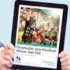 Weißes Tablet zeigt SG-Flensburg-Handewitt-Trainer, Flensburglogo und Text 