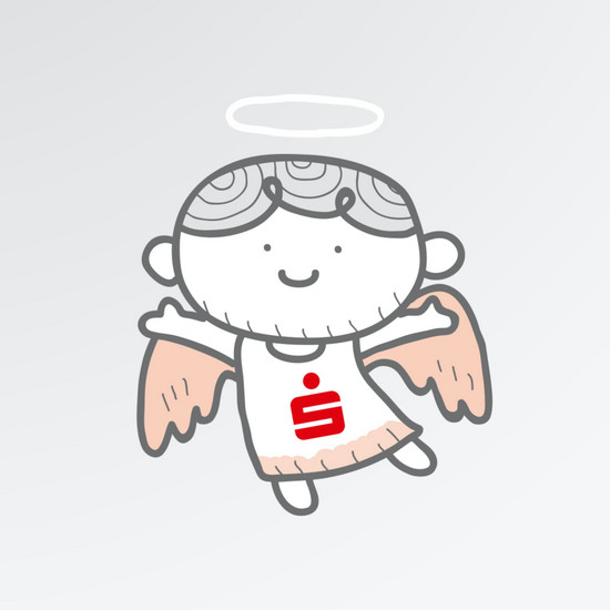 Illustrierter Engel mit Heiligenschein und Sparkassenlogo auf dem Bauch