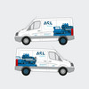 Visualisierung des weißen Transporters mit ASL-Logo und einem blauen MWM-Motor in Lebensgröße auf den Seitenflächen