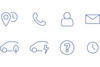 Acht minimalistische blaue Icons: Verortung, Telefon, Person, Brief, Auto, E-Auto, Fragezeichen, Uhr