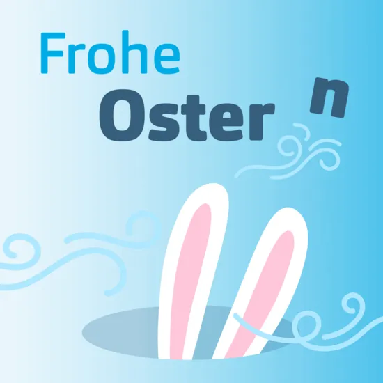 Blauer Hintergrund mit de Aufschrift: Frohe Ostern