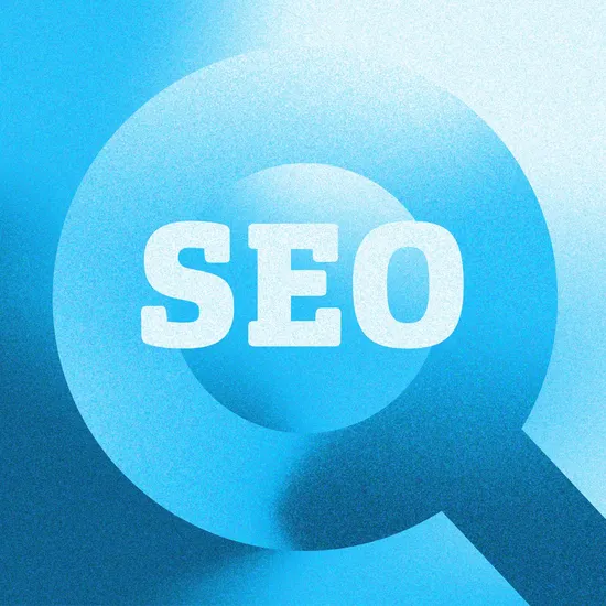 Ein Lupensymbol in blau in dem groß SEO steht