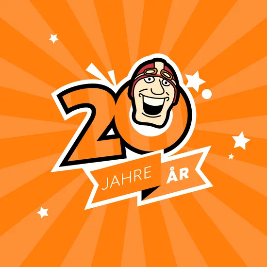 orangener Hintergrund, davor die Zahl zwanzig, darin das Mr.Scandi Maskottchen.