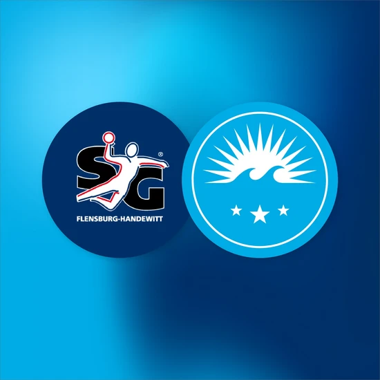 Zwei Kreise nebeneinander. Links in dunkelblau mit dem SG Flensburg Handewitt Logo darin mit dem springenden Handballspieler, rechts in hellblau mit dem Hochzwei Logo mit einer aufgehenden Sonne, zwei Wellen und drei Sternen.