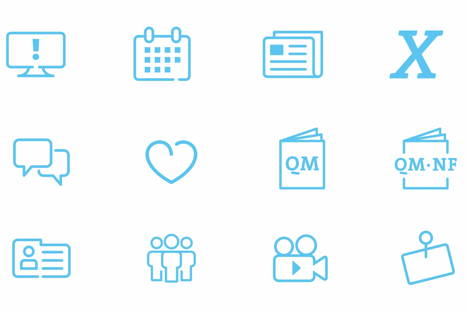Zwölf hellblaue Icons vor weißem Hintergrund: u.a. Bildschirm, Kalender, Zeitung, Herz, Sprechblase, Kamera, Personen 