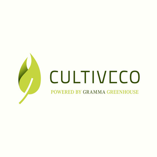Logo "Cultiveco" mit grünem Blatt und Untertitel "Powered by Gramma Greenhouse"