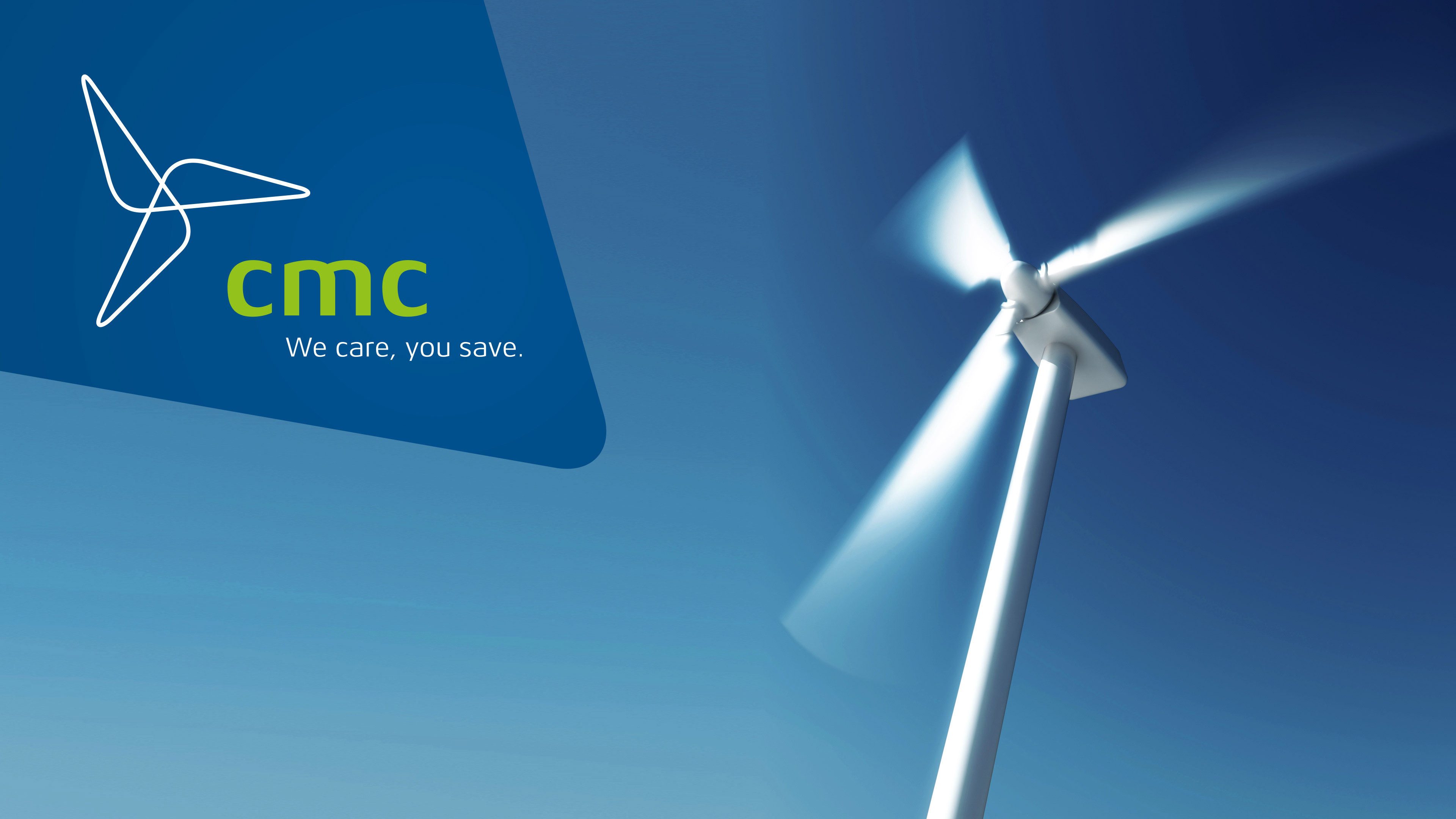 Drehende Windkraftanlage auf blauem Hintergrund mit cmc-Logo