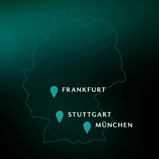 Deutschlandkarte mit den Standorten Frankfurt, Stuttgart und München