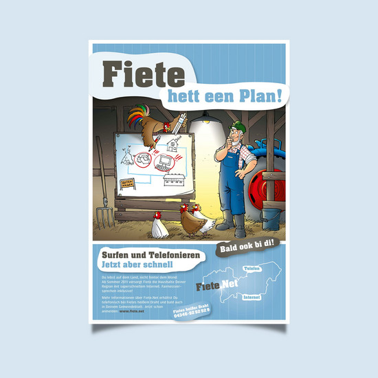 Plakat mit Comic und Text "Fiete hett een Plan!, Surfen und Telefonieren, jetzt aber schnell"