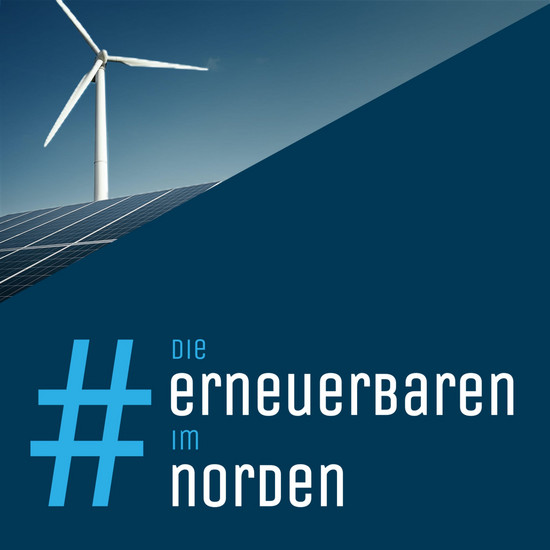 Zweigeteiltes Bild mit Windkraftanlage und Text "Die Erneuerbaren im Norden"