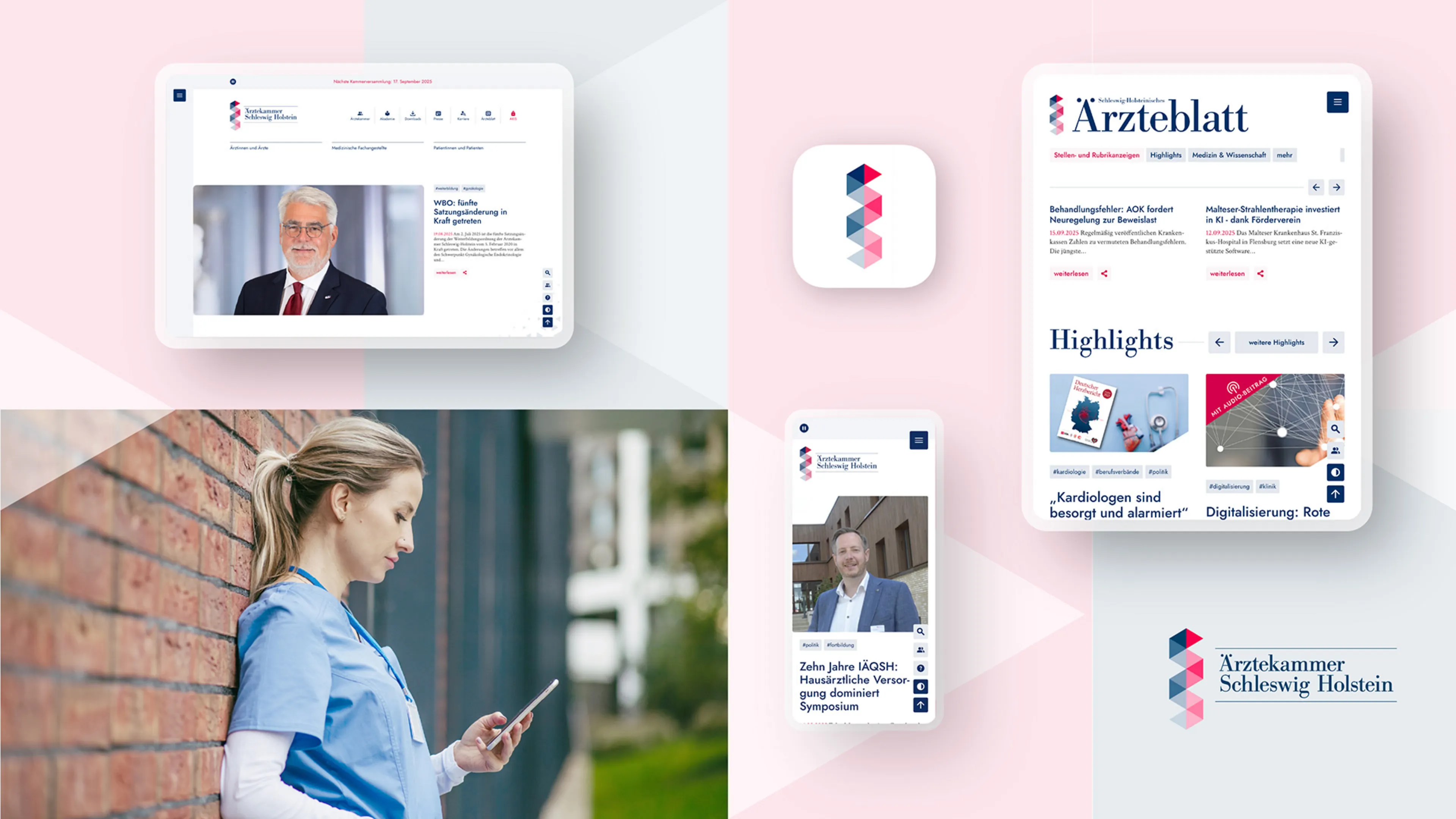 Collage des digtialen Ärzteblatts der Ärztekammer Schleswig-Holstein auf Tablet, Mobiltelefon