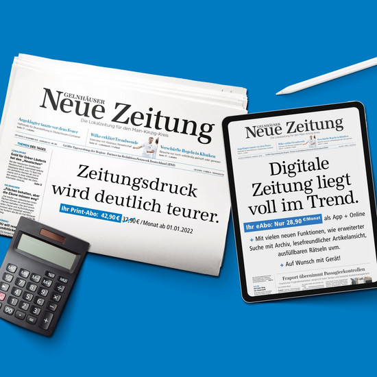 Quadratische Collage mit Gelnhäuser Neuen Zeitung auf Papier und Tablet mit Taschenrechner und Bleistift