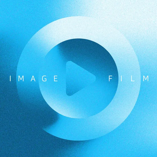 Blauer Hintergrund, davor ein Icon mit einem Playknopf und einem Wort in weißer Schrift: Imagefilm