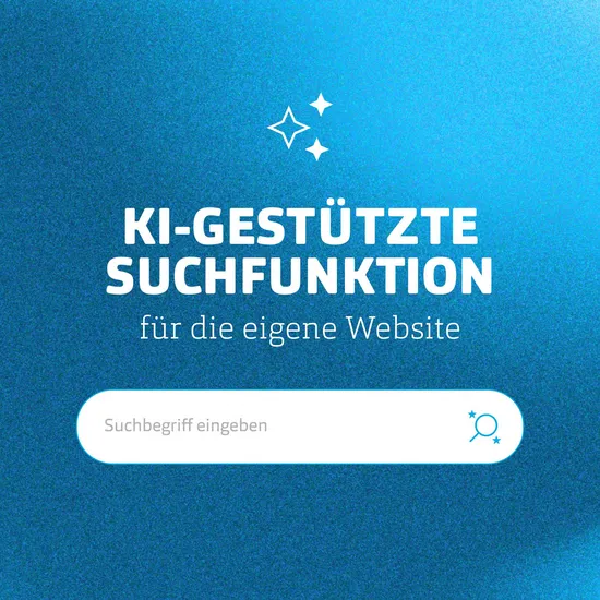 Blauer Hintergrund, davor eine weiße Schrift und eine weiße Suchleiste.
