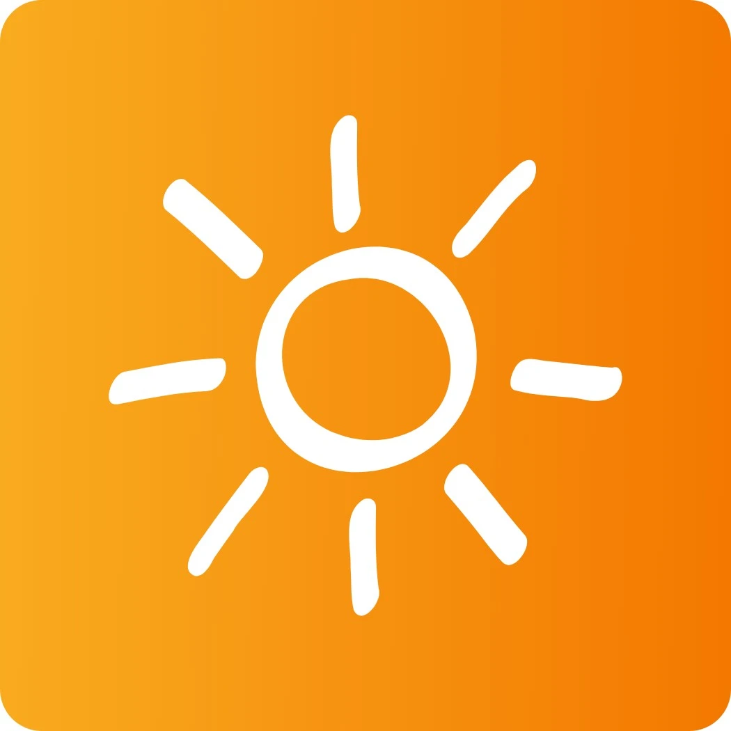 Zeichnung einer Sonne auf orangem Hintergrund.