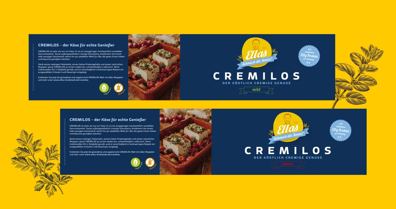 h2_ellas_teaser_05.jpg Visualisierung von zwei Cremilos Produktbanderolen für die Sorten mild und pikant