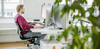 Mitarbeiter am Schreibtisch sitzend, Pflanze am rechten Bildrand