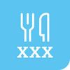 Weißes Besteck-Icon mit drei großen XXX vor hellblauem Hintergrund