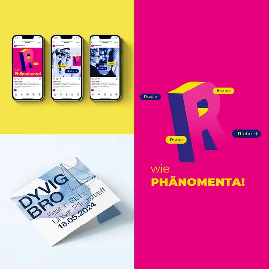 Collage von Smartphones, Broschüren und Visitenkarten, die HOCHZWEI pro Bono umgesetzt hat im quadratischen Zuschnitt