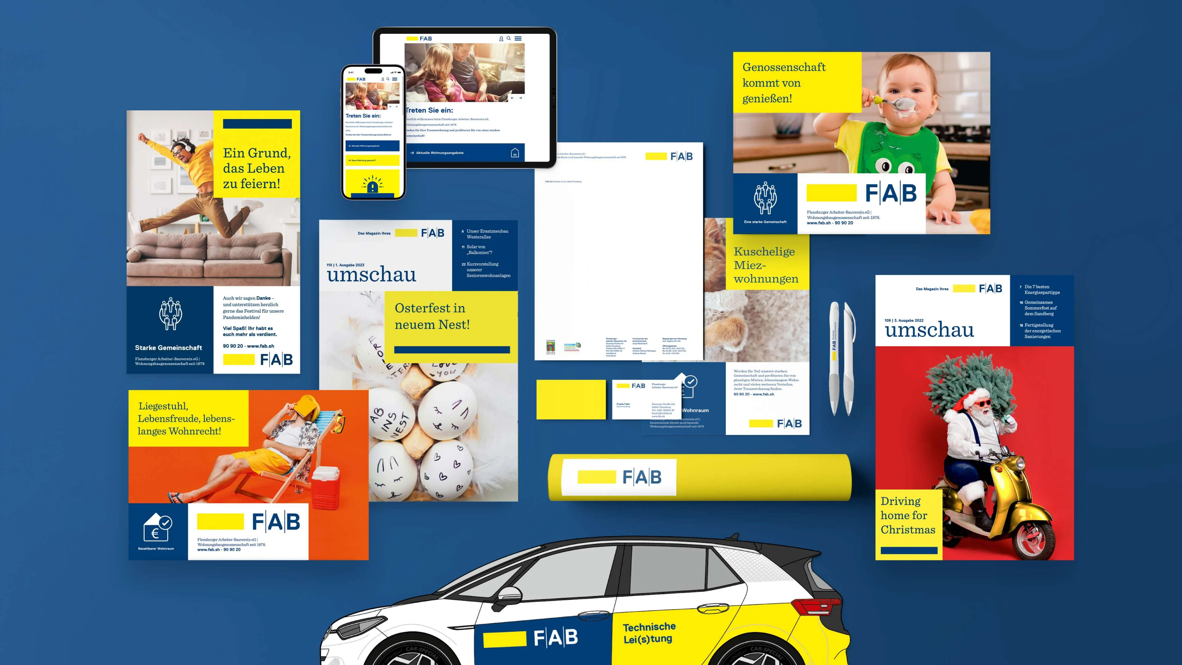 Collage mit vielen Projekte, Webseite-Ansichten und Auto gestaltet für den FAB