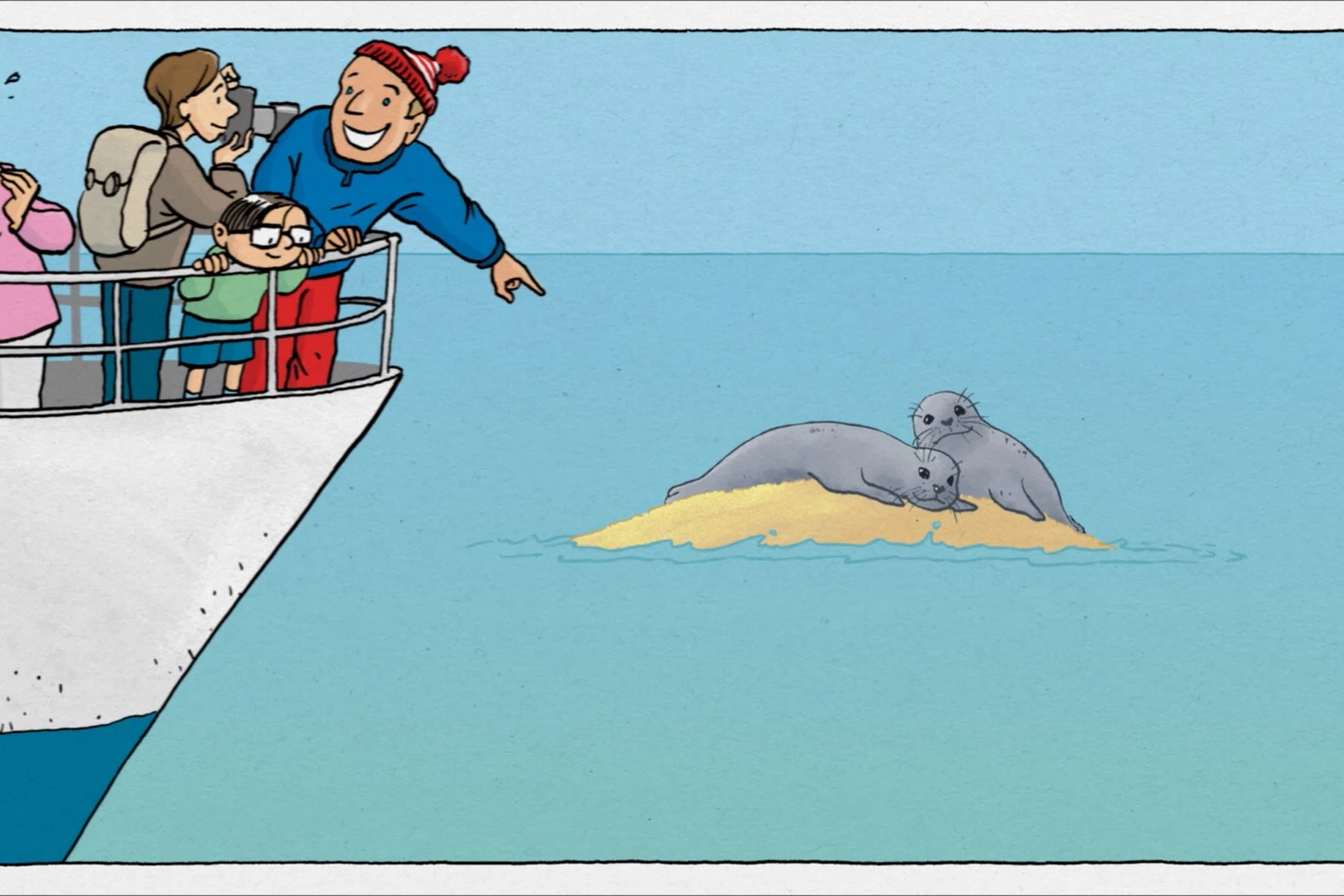 bb_wwf_wattenmeer_teaser_04_hauptteaser.jpg Ein gezeichnetes Bild von zwei Robben die auf einer Sandbank liegen