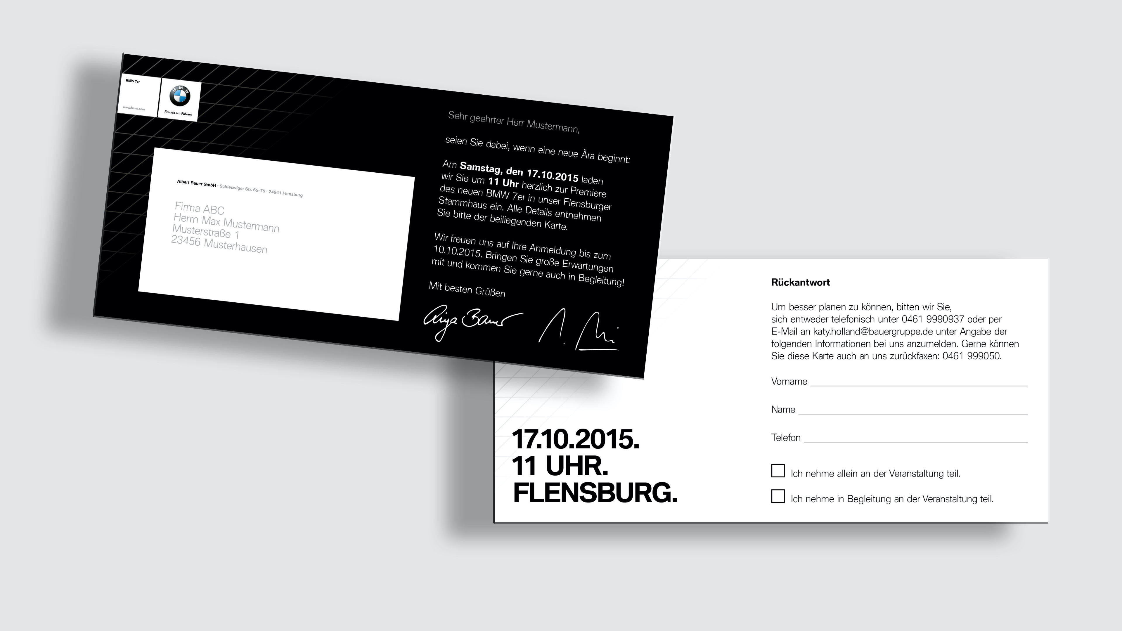 Vor- und Rückseite der schwarz-weißen Einladungskarte mit Adressfeld