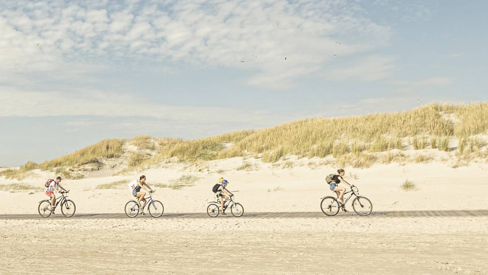Vier Radfahrer auf einem Strandweg