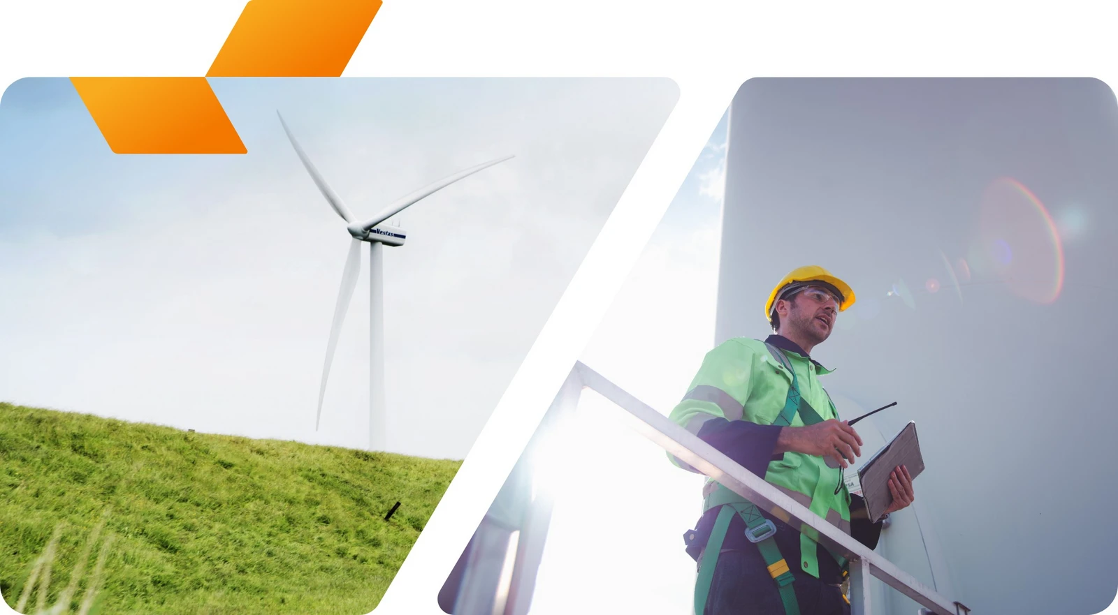 Ein Windparkprojektleiter steht mit Schutzhelm und Klemmbrett auf einer Baustelle