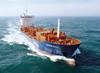 Blaues Containerschiff fährt auf Meer
