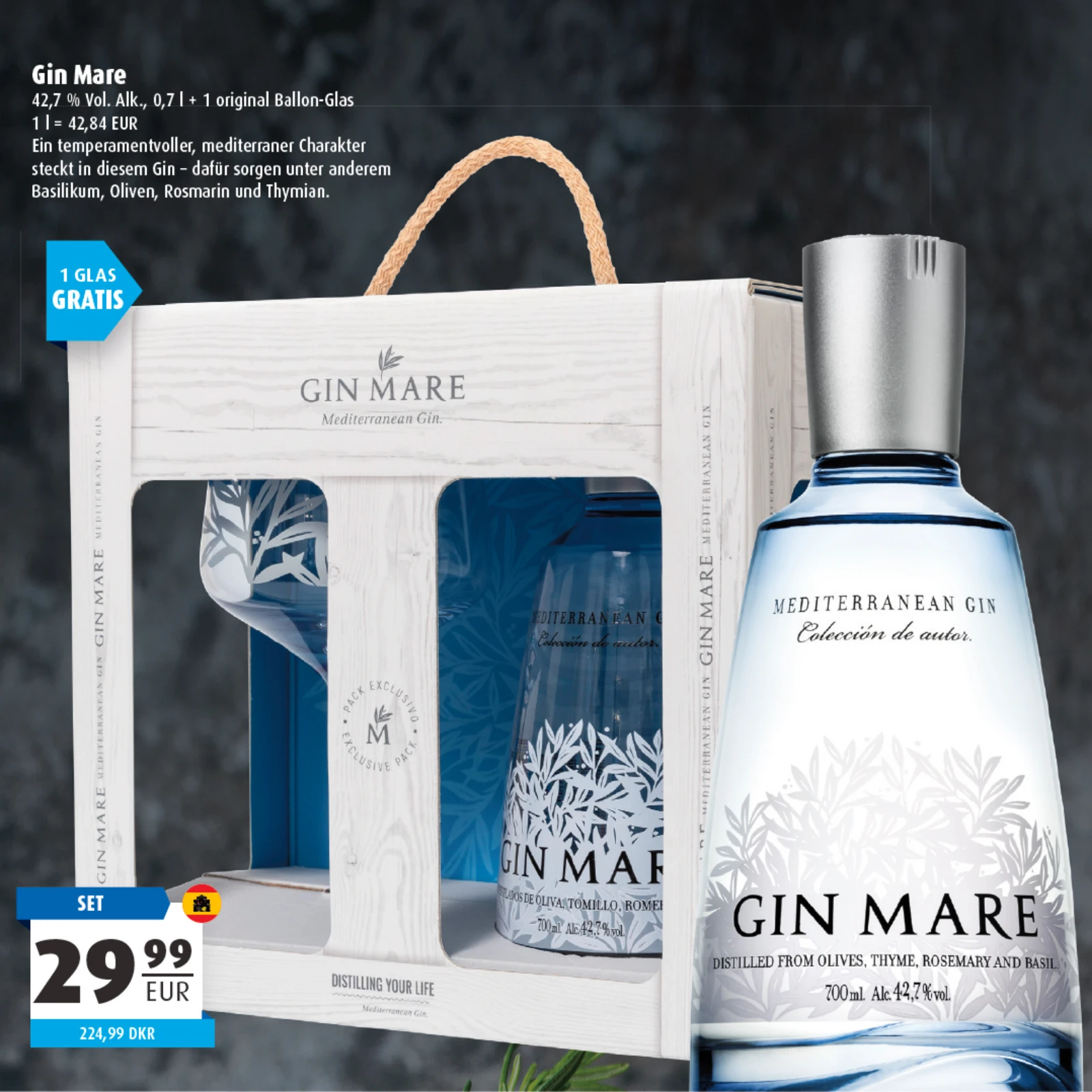 Holzkiste mit Glas und Gin Mare