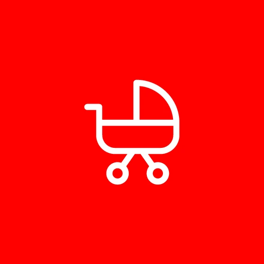 weißer illustrierter Kinderwagen auf rotem Hintergrund