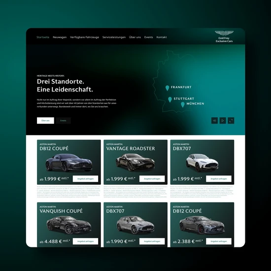 Stilvolle Website für Emil Frey Exclusive Cars Screenshot der Aston Martin Emil Frey Startseite