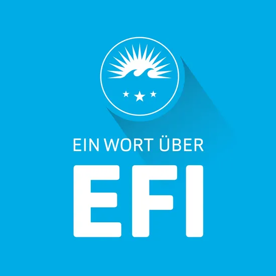 Blauer Hintergrund, mit dem HOCHZWEI Logo, davor die Aufschrift: Ein Wort über Efi.