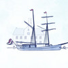 Illustration eines Zweimast-Segelschiffes vorm Flensburger Kompagnietor
