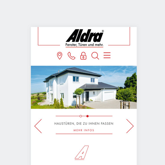 Mobile Startseite von aldra.de mit Logo, Menü und einem Bild eines modernen weißen zweistöckigen Hauses
