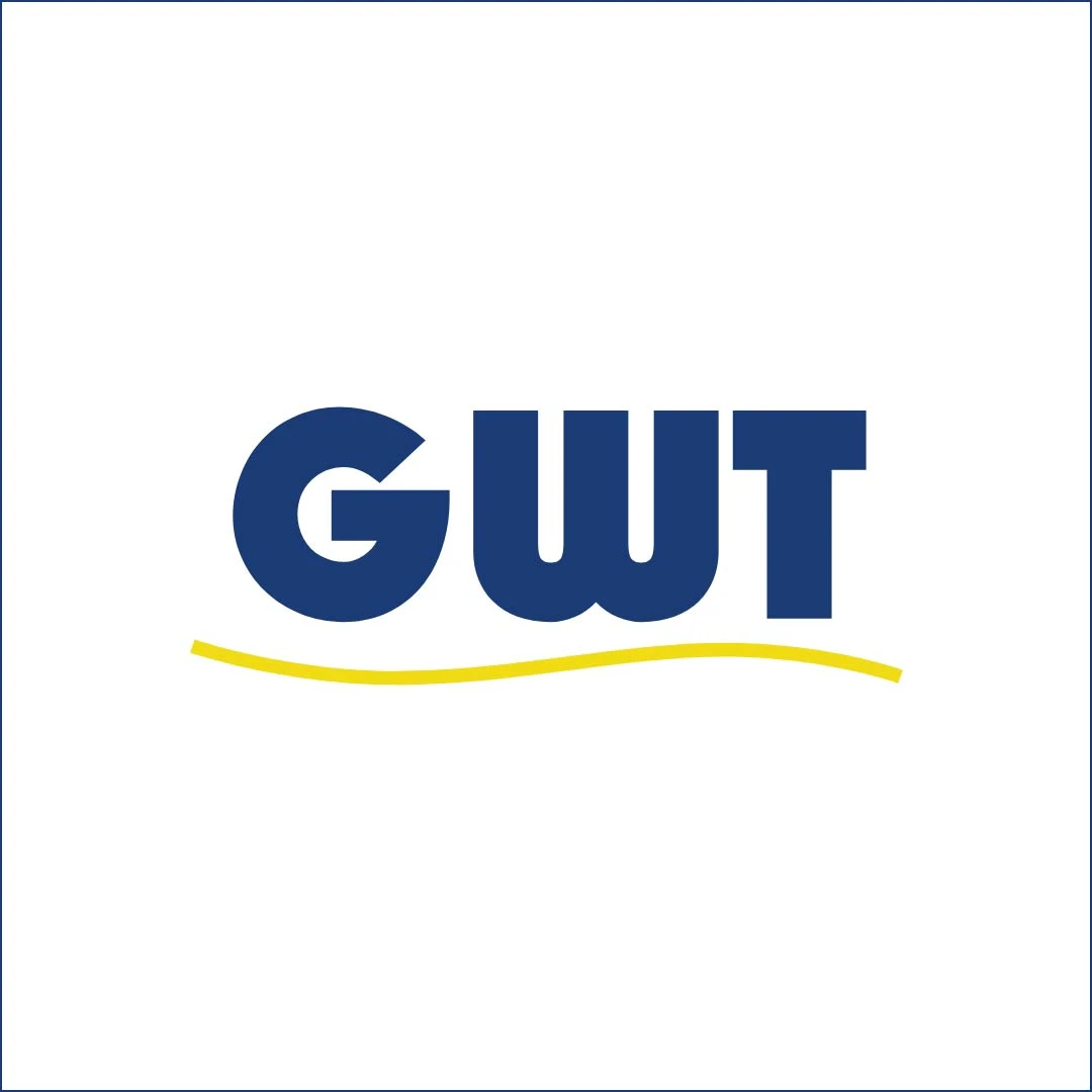 Das blau gelbe GWT Logo auf weißen Hintergrund