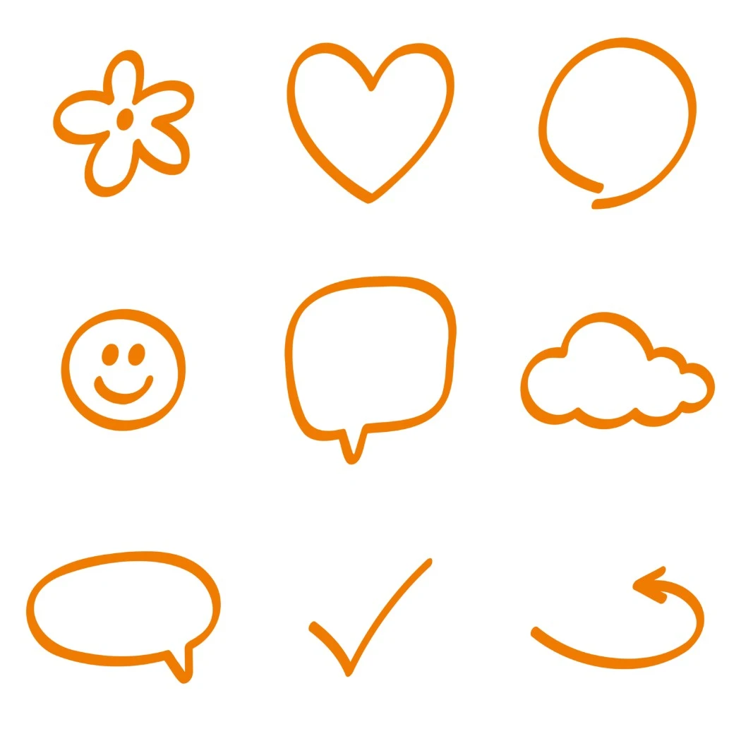 Neun Symbole in orange auf weiß, eine Blume, ein Herz, ein Kreis, ein Smiley, eine Sprechblase, eine Wolke, eine weitere Sprechblase, ein Häkchen, ein Pfeil