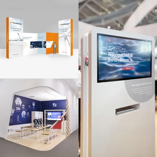 Collage verschiedener Messeauftritte, u.a. Raytheon Anschütz, Cimbergy und Regiogröön als Teaser