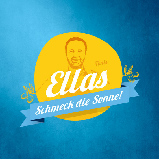 Gelbes Ellas-Logo vor blauem Hintergrund