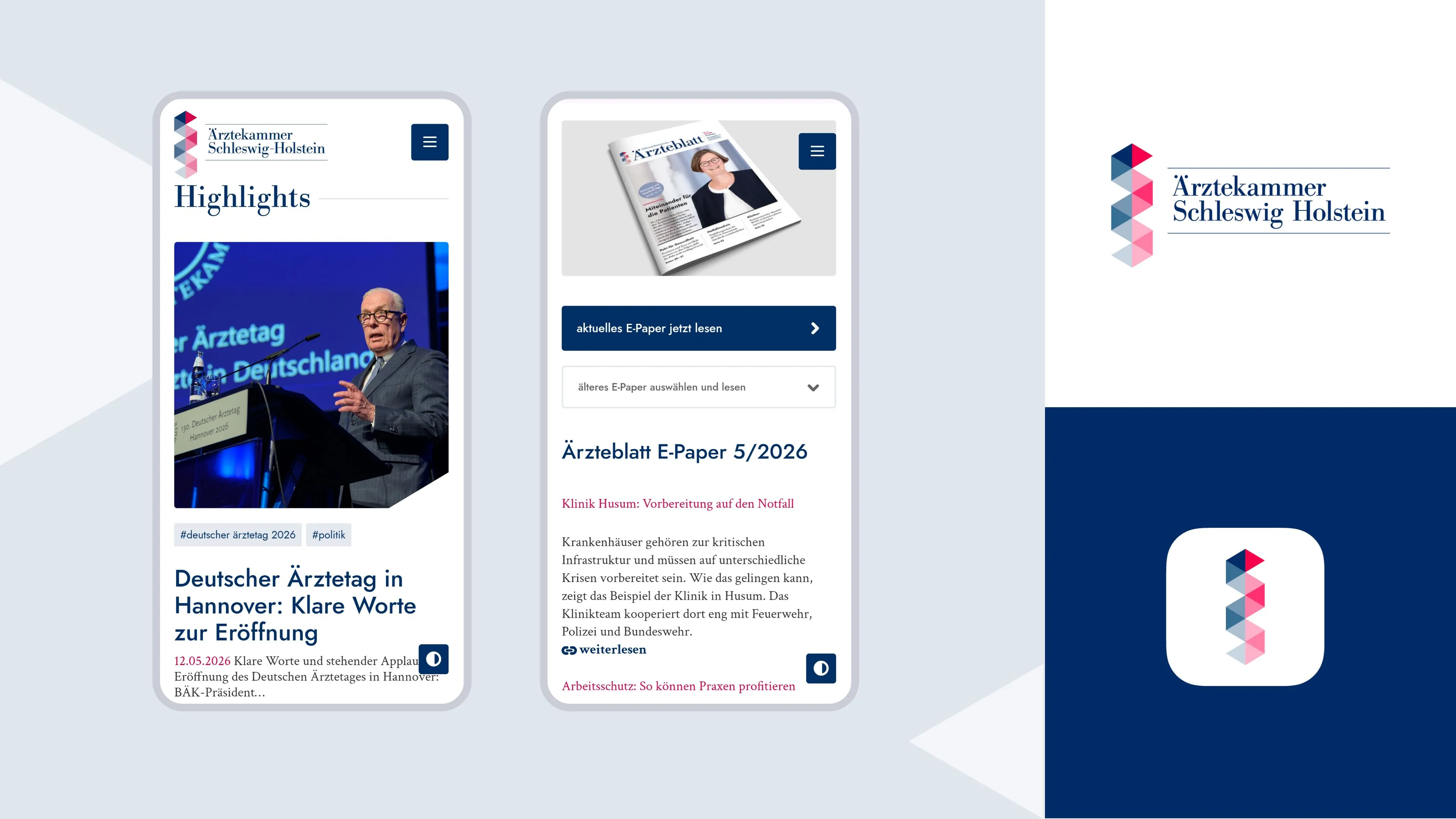 h2_einblicke-app_slider_03.jpg Eine Bildercollage aus drei Bilder. Eins davon zeigt die Website der Ärztekammer Schleswig Holstein. Die zwei anderen das Logo der Ärztekammer SH.