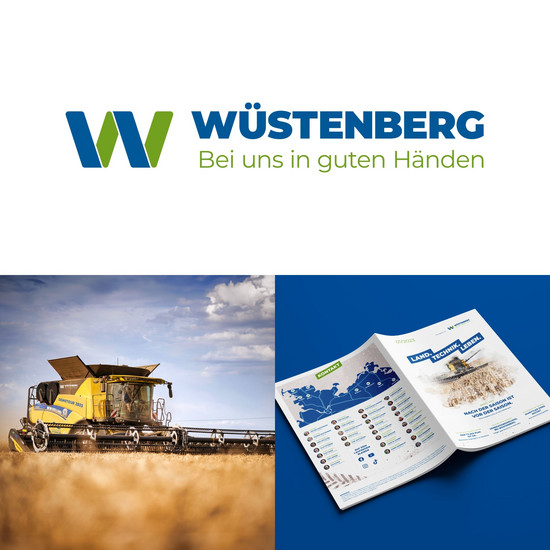 3er-Bild: Ein Mähdrescher, das Wüstenberg-Logo und die Fachzeitschrift
